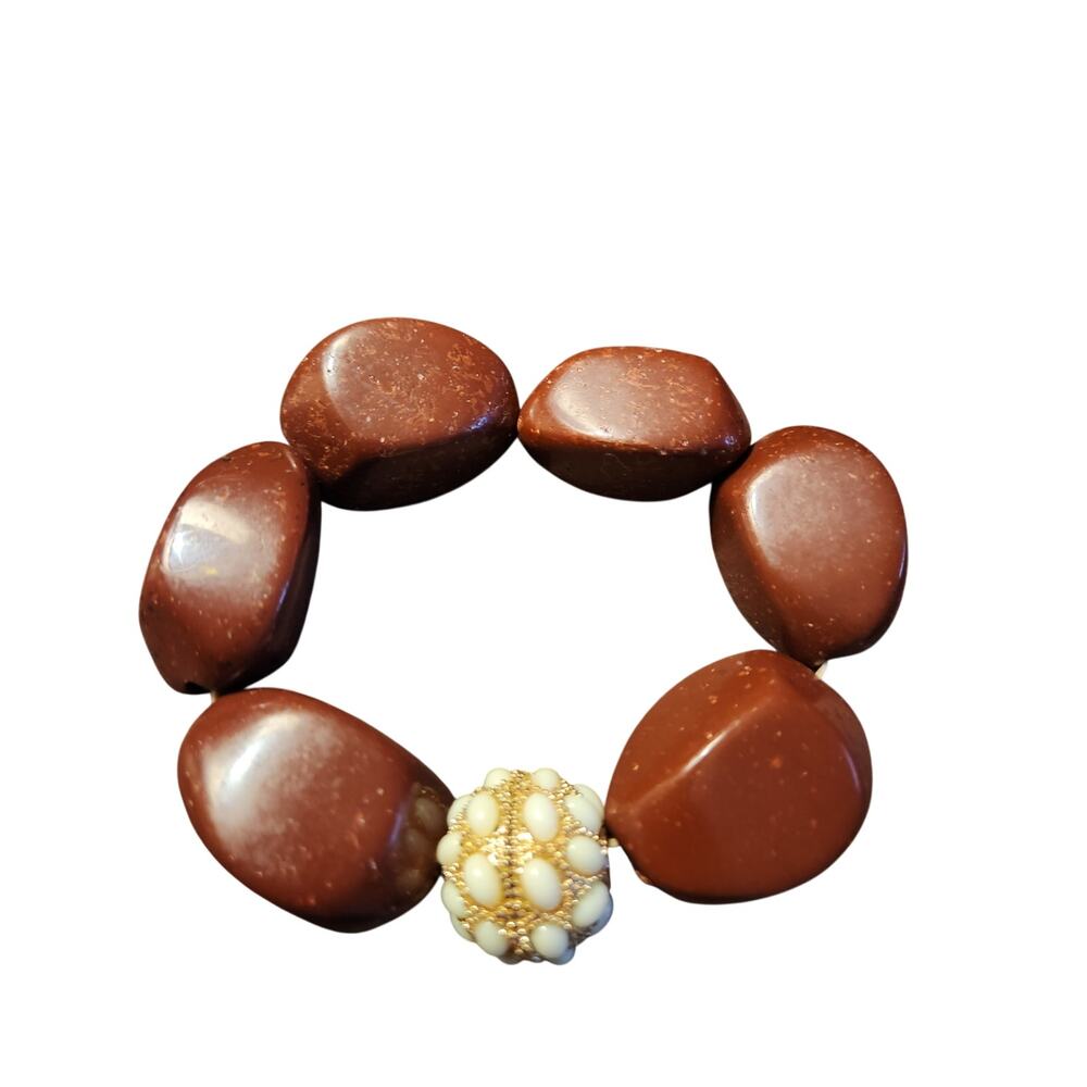 Chunky Acrylic Beaded Stretch Bracelet Brown Cream Statement Retro Boho Jewelry
